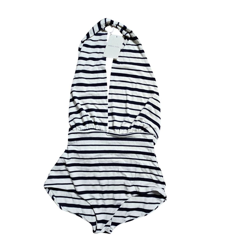 Nadia Tarr Womens Striped Halter Deep V Neck‎ Bodysuit M Resort Travel NWT